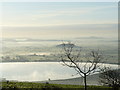 ST4354 : Cheddar Reservoir and Somerset Levels in mist by Paul Harvey