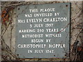 Plaque marking 250 years of Methodist Witness in Allendale