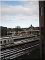 Looking from the bridge in Bridge Street across Guildford Station across to the cathedral