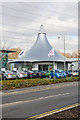 Unusual car sales office at Hendy Motors, Manor Way, Eastleigh