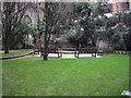 Benches around a fountain