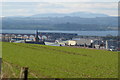 View of a northbound train passing over Rossie Island Viaduct, Montrose