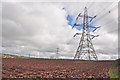 Pylons and ploughed field west of Meinciau