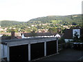 Looking over some garages and across Church Stretton