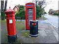 Penfold pillar box, K6 telephone box and a litter bin, Evesham Road, Cheltenham