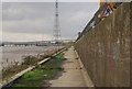 Flood wall towers over the riverside path