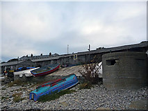 SZ0378 : Pillbox and sheds beside the shore at Peveril Point by Phil Champion