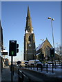 Snowy church and blue sky