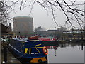 Gasometer and narrowboats moored