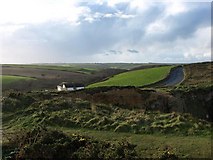 SW6042 : Hell's Mouth: cafe and road in winter light, from the cliffs by David Gearing
