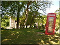 Minterne Magna: phone box and church