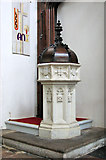 TF8709 : All Saints' church in Necton - baptismal font by Evelyn Simak