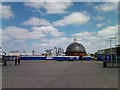 Greenwich Foot Tunnel entrance and Canary Wharf, viewed from Maritime Greenwich