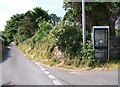 Vandalised telephone kiosk at the crossroads