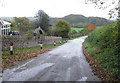 Approaching crossroads at Rhos-y-glascoed