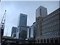 View of the HSBC Building and One Canada Square from the footbridge over West India Quay