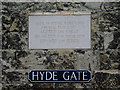 Plaque on Hyde Gate, Winchester, Hampshire