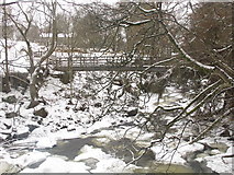 NY8452 : Footbridge over a semi-frozen River East Allen below Holms Linn by Mike Quinn