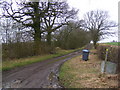 TM3568 : Footpath to Bruisyard Road & entrance to Gales Farm by Geographer