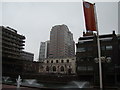 View of towerblock off London Wall, from the courtyard of the Barbican Centre