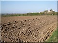 Yetminster: recently ploughed field, with farm and silo