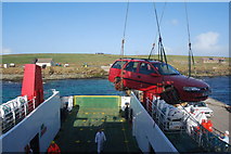 HY4949 : Car being winched onto the Ferry at Papa Westray by hayley green