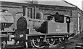 A 19th century 0-6-0T shunter built in 1949 stands outside Sunderland South Dock Locomotive Depot