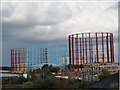 Three industrial gasometers stand near the Aston Expressway Birmingham