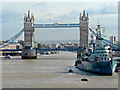 TQ3380 : The River Thames with Tower Bridge and HMS Belfast by Mick Lobb
