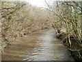 River Rhymney downstream from a footbridge at the edge of Machen Forge Trail