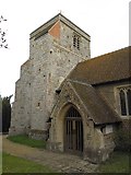 SU9347 : St John the Baptist, Puttenham: porch and tower by Basher Eyre