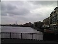 View of the Shard and buildings in Narrow Street from Victoria Wharf