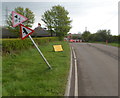 Sign at a drunken angle near Ty Du railway bridge north of North Cornelly