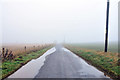 Road across Carmyllie Moor in the mist