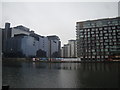 View of buildings in Limeharbour from Millwall Dock