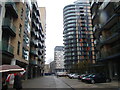 View of buildings in Millharbour from Millwall Dock