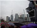 View of Canary Wharf from the entrance road to Galleon