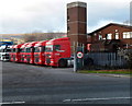 A row of articulated lorry tractor units park near Ty Coch Way, Cwmbran