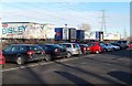 A row of Bisley trailers and a row of cars, Traston Road, Newport