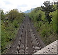 Marches Line railway and a distant view of The Skirrid, Abergavenny