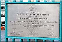 J3474 : Queen Elizabeth Bridge opening plaque, Belfast by Albert Bridge