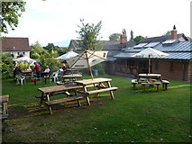 SO4073 : Beer garden of the Sun Inn at Leintwardine on an August evening by Jeremy Bolwell