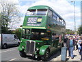 A green RT bus outside Fulwell Bus Depot