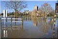 SO8932 : Flooded road by Tewkesbury Bowling Club by Philip Halling