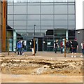 College entrance with tram works