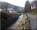 House, brook and road in the Angiddy Valley near Tintern