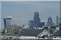 TQ3479 : View of the Walkie Talkie, Heron Tower, Tower 42, Gherkin and Broadgate Tower from the Thames Path #5 by Robert Lamb