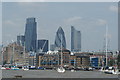 TQ3479 : View of the vessels in second to sixth place passing the Heron Tower, Gherkin and Broadgate Tower by Robert Lamb
