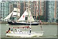 View of the yacht and Mercedes passing at Greenwich Peninsula