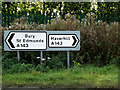 TL7857 : Roadsigns on the A143 Bury Road by Geographer